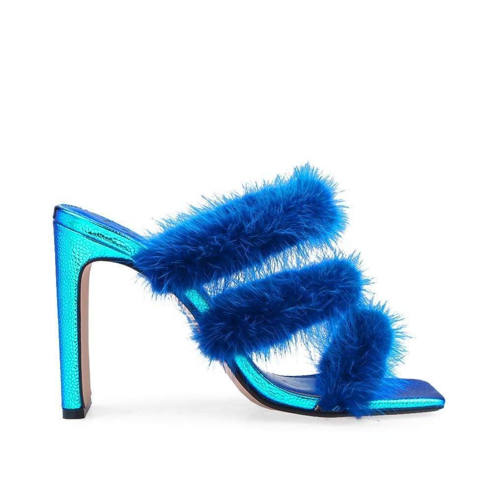 Blue-colored faux fur strappy upper with slip on style and green bottom heel for ladies