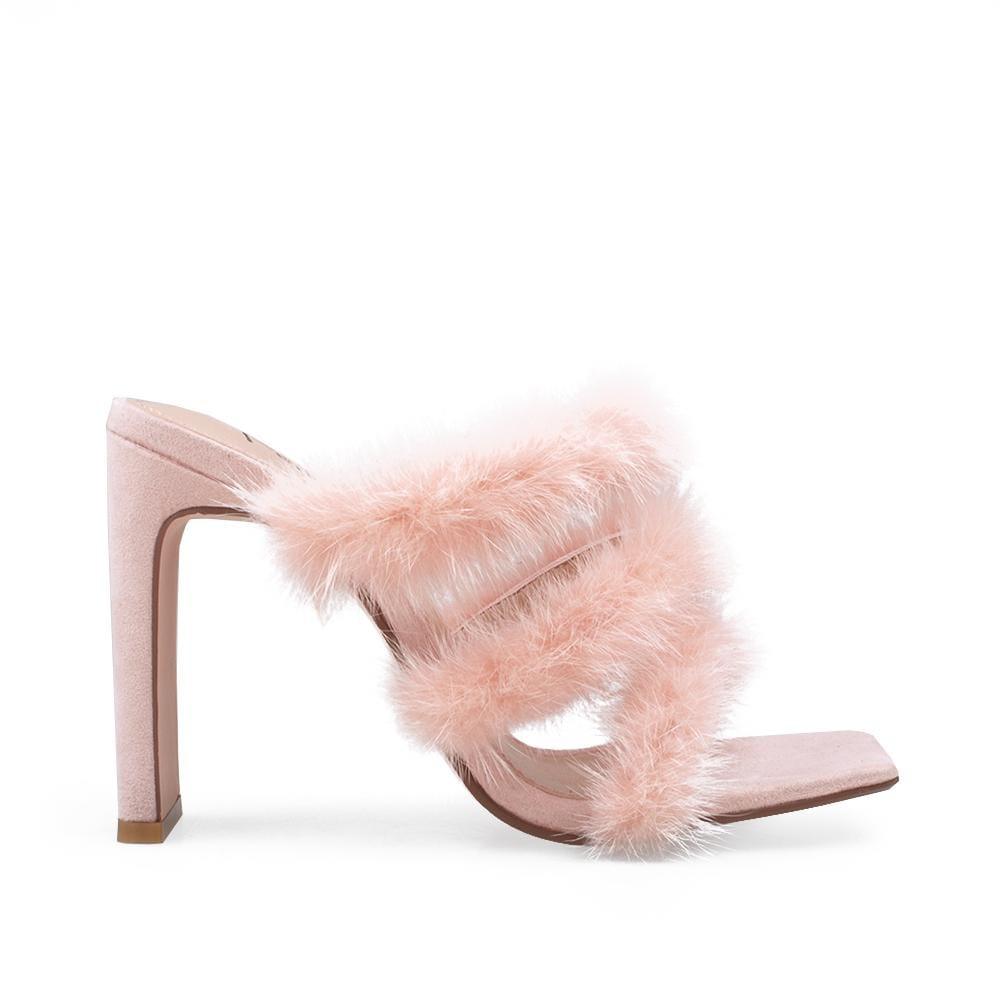 Women's pink-colored faux ffur strappy top heels with slip on design