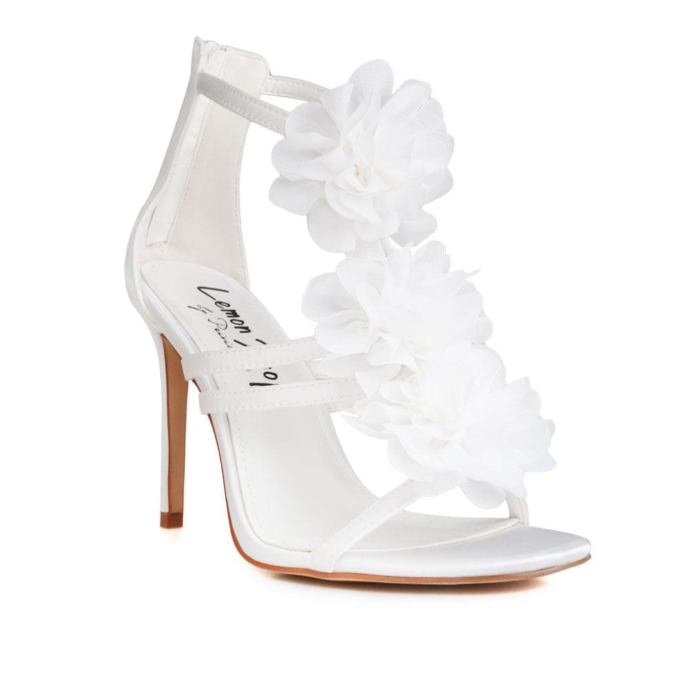 Shoes for women in white-color with satin floral strapped top and rear zipper fastening-posterior view