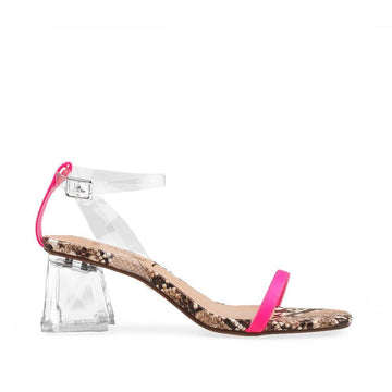 Ladies' transparent block heels in neon pink-color with clear ankle buckle clasp and snake patterned sole