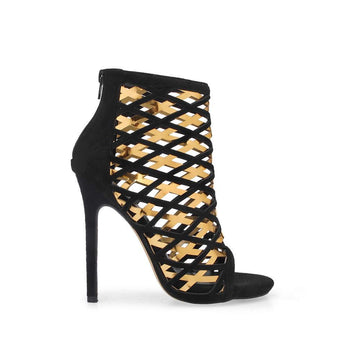 Open toed women's ankle heels with diagonal black-gold straps and back zipper closure