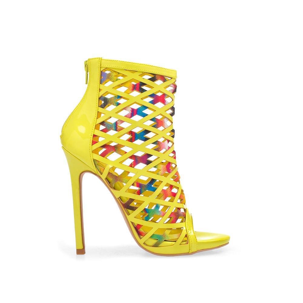 Women's open-toed yellow ankle heels with diagonal multi-colored straps and back zipper closure