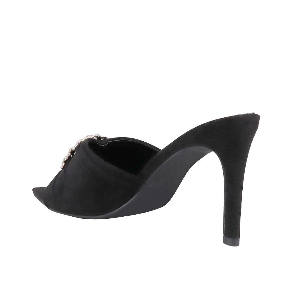 Black-colored brooch-encrusted slip-on shoes with an open toe for women-posterior view