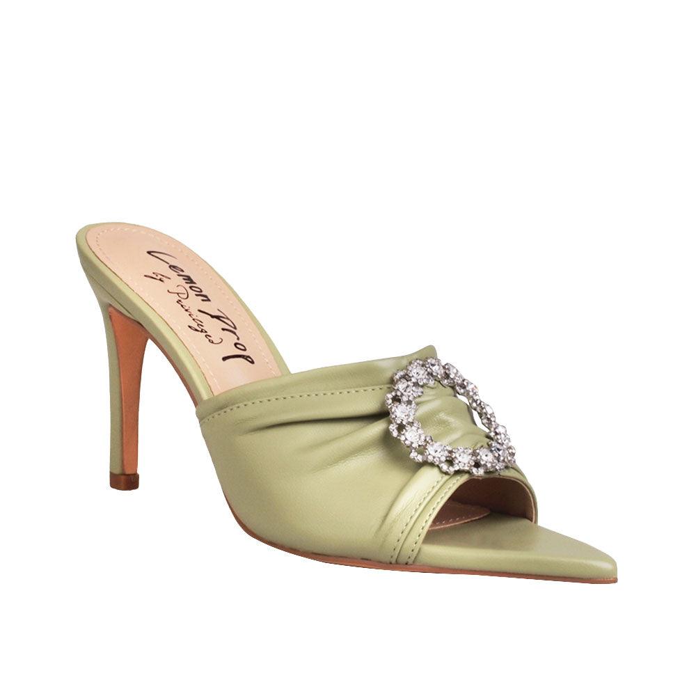 Open toe sage-colored women's heels with brooches upper and slip on style-corner view