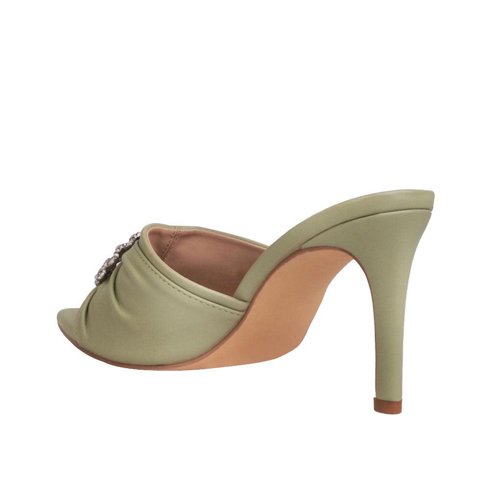 Open toe sage-colored women's heels with brooches upper and slip on style-posterior view