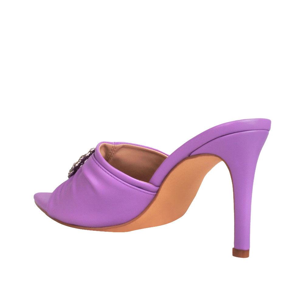 Women's lilac-colored brooch-adorned slip-on shoes with an open toe-posterior view