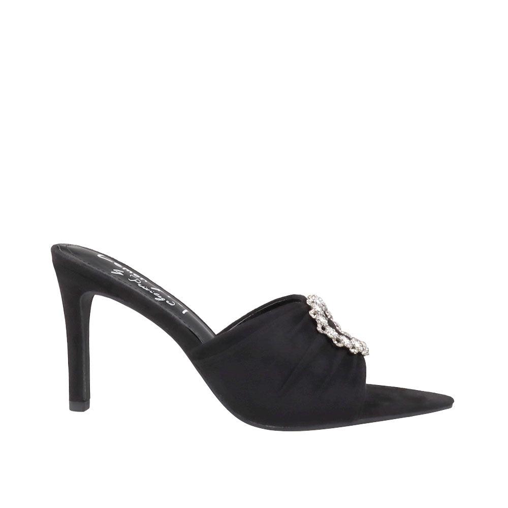 Black-colored brooch-encrusted slip-on shoes with an open toe for women-side view