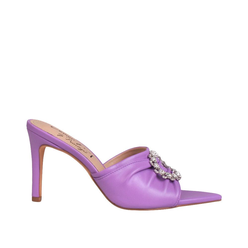 Women's lilac-colored brooch-adorned slip-on shoes with an open toe-side view