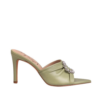 Open toe sage-colored women's heels with brooches upper and slip on style-side view