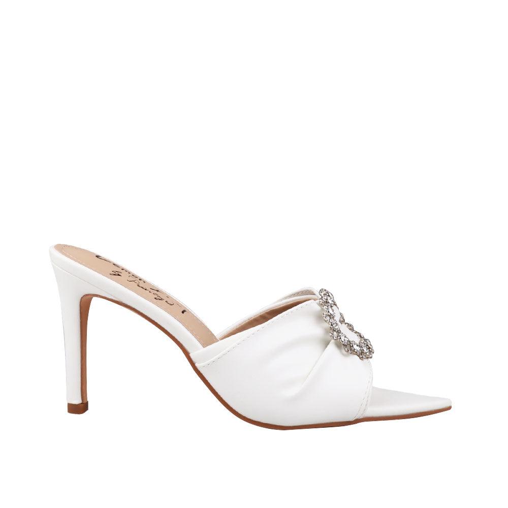 Women's white-colored brooch-encrusted slip-on shoes with an open toe-side view