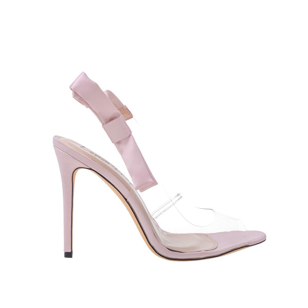 Pink-colored women's heels with clear top and satin bow back sling clasp.