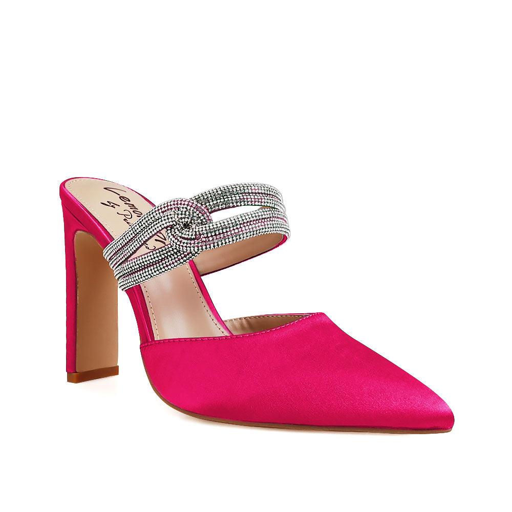 Fuchsia-colored upper women's pointed heels with rhinestone straps and slide on style-corner view