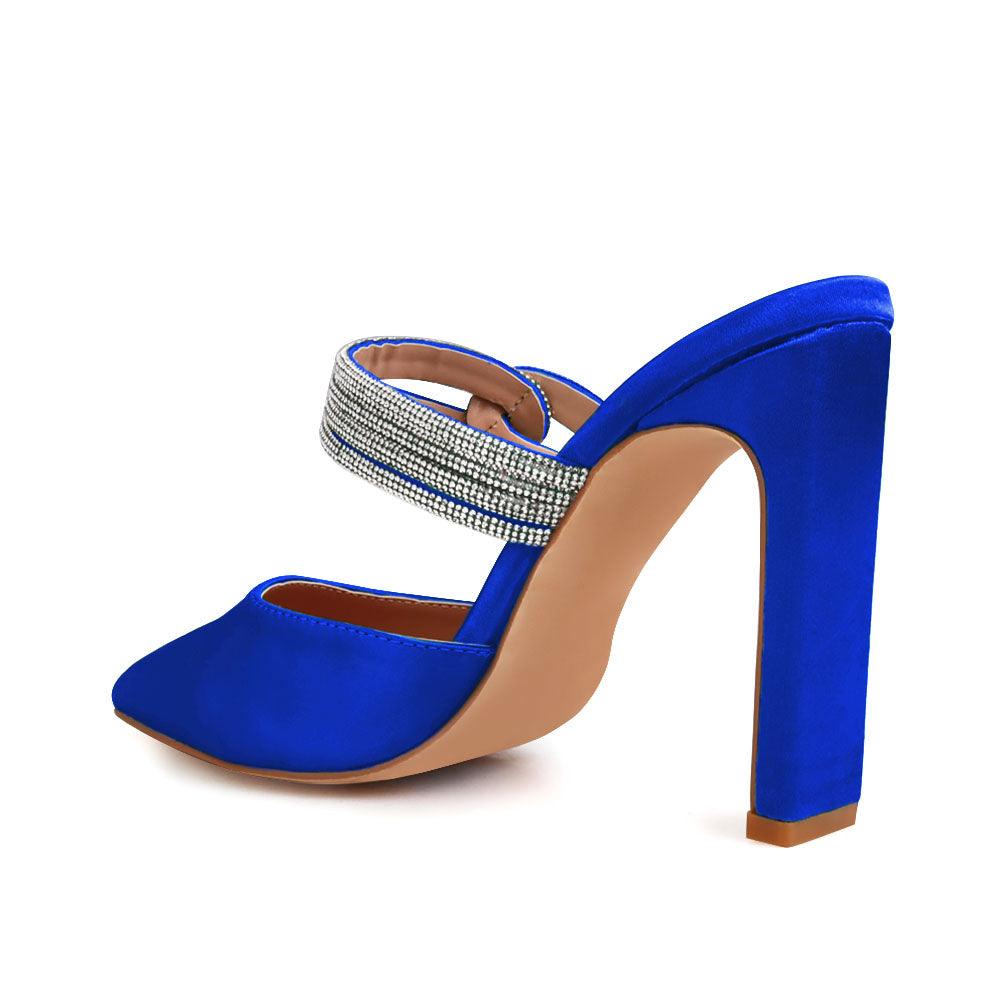 Women's pointed heels in cobalt-color with rhinestone straps and a slide on design-posterior view