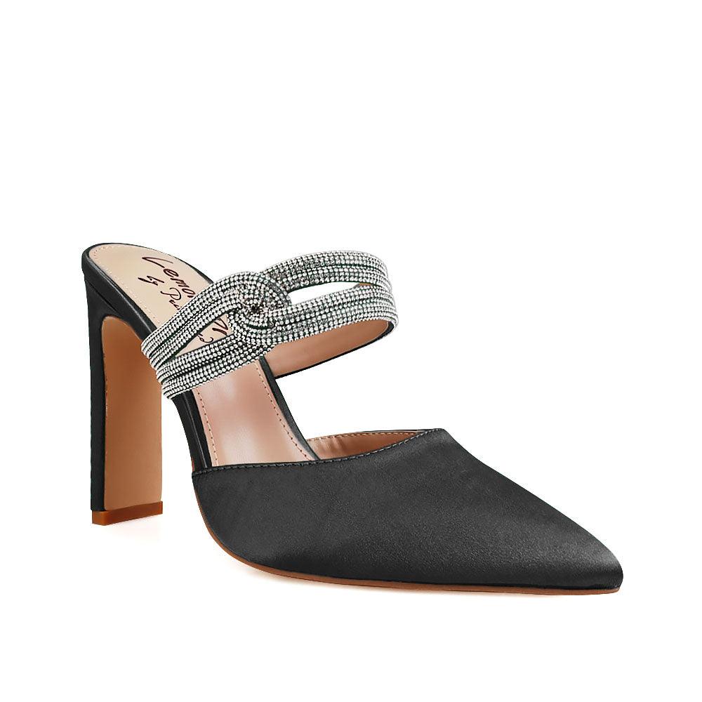 Women's black-colored pointed heels with rhinestone straps and slide on style-corner view