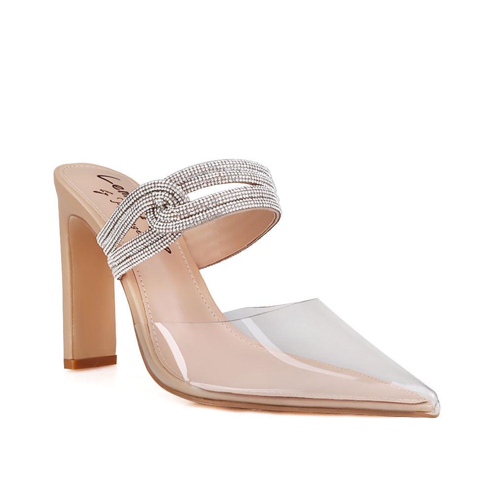 Women's transparent vinyl top pointed heels with double rhinestone strap and slide on style-corner view