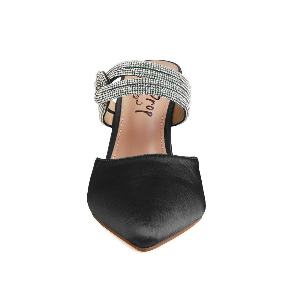 Women's black-colored pointed heels with rhinestone straps and slide on style-front view