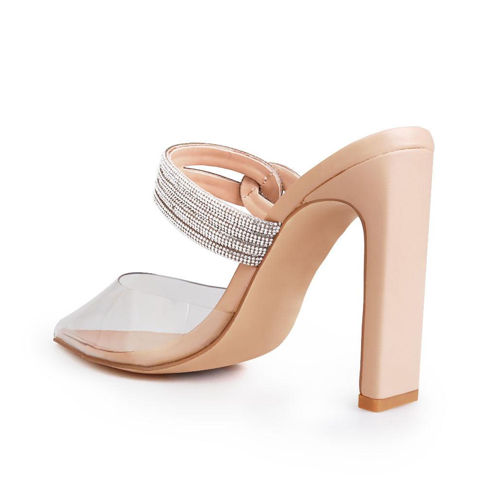 Women's transparent vinyl top pointed heels with double rhinestone strap and slide on style-posterior view