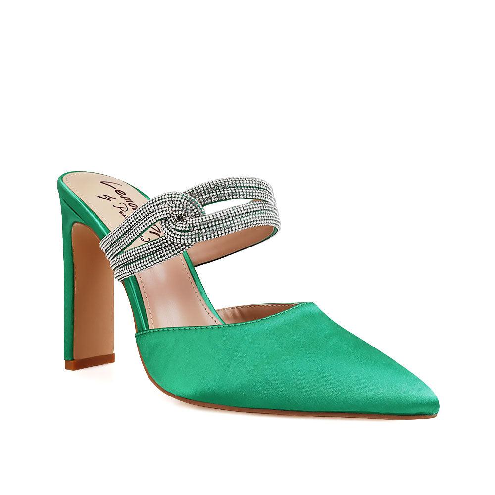 Green-colored top pointed heels for women with rhinestone straps and slide on design-corner view