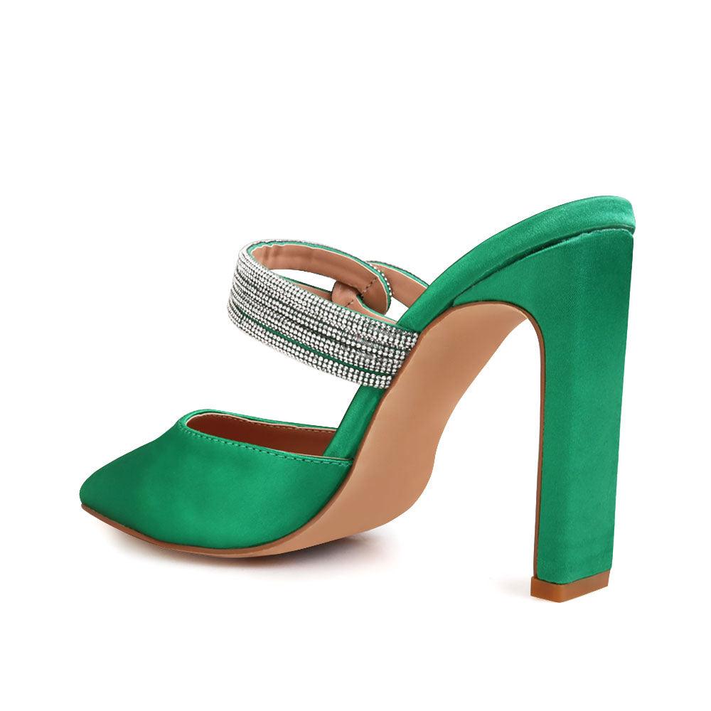 Green-colored top pointed heels for women with rhinestone straps and slide on design-posterior view