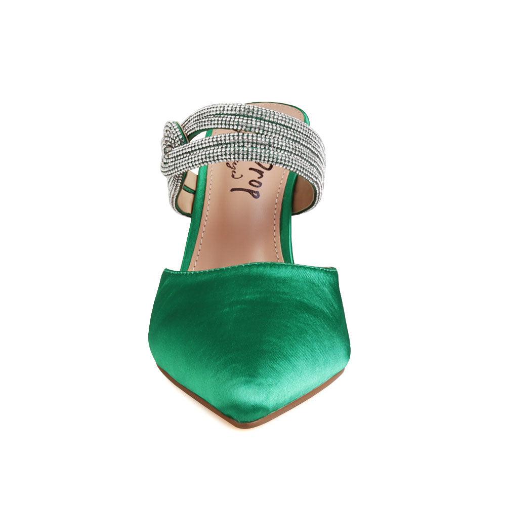 Green-colored top pointed heels for women with rhinestone straps and slide on design-front view