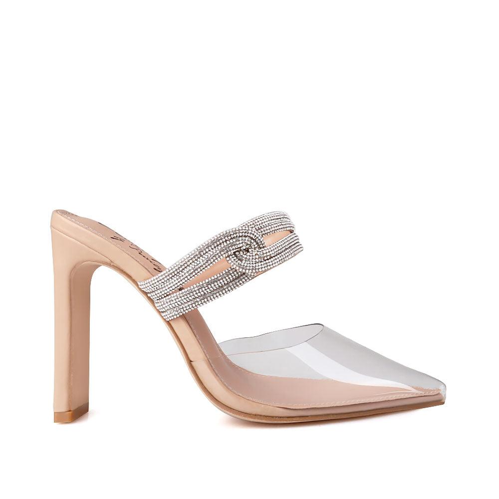 Women's transparent vinyl top pointed heels with double rhinestone strap and slide on style-side view