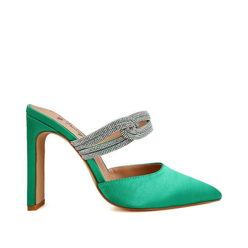 Green-colored top pointed heels for women with rhinestone straps and slide on design-side view