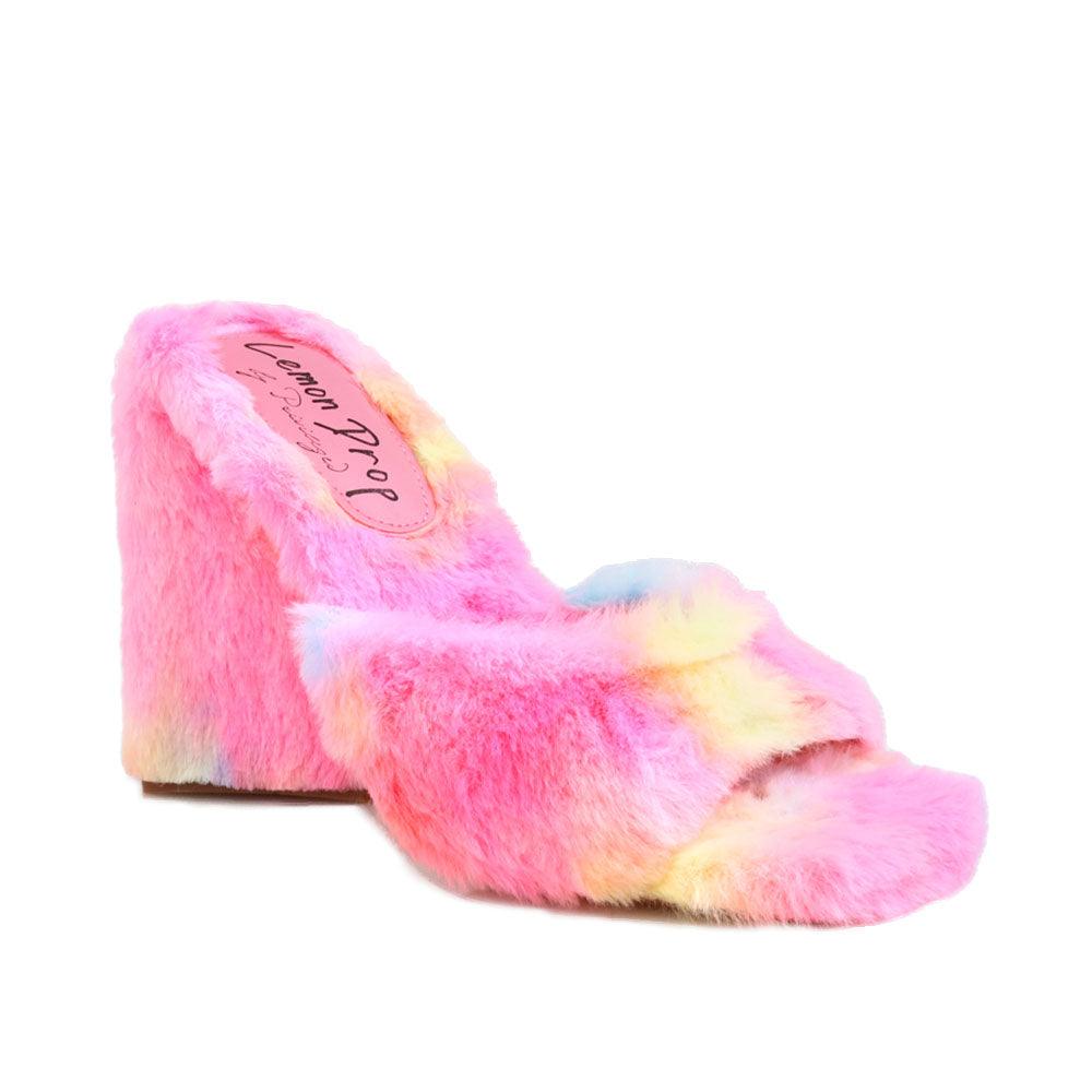 Women's open-toed multi blue-pink block heels with shearling top and slide-in style-corner view