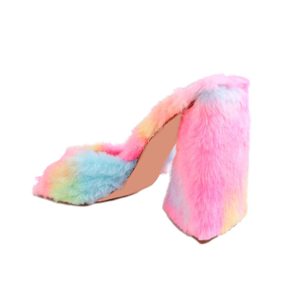 Women's open-toed multi blue-pink block heels with shearling top and slide-in style-posterior view