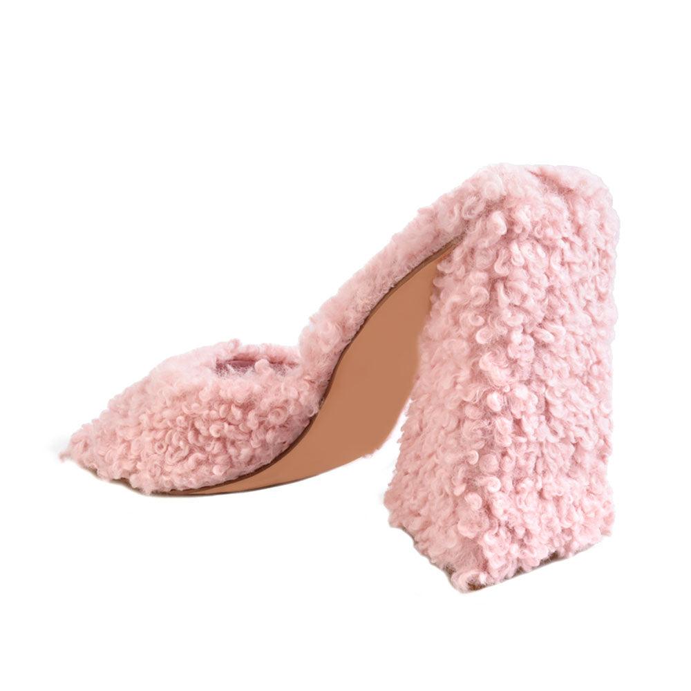 Open-toed Nude-colored block heels for women with a shearling top and slide-in design-posterior view