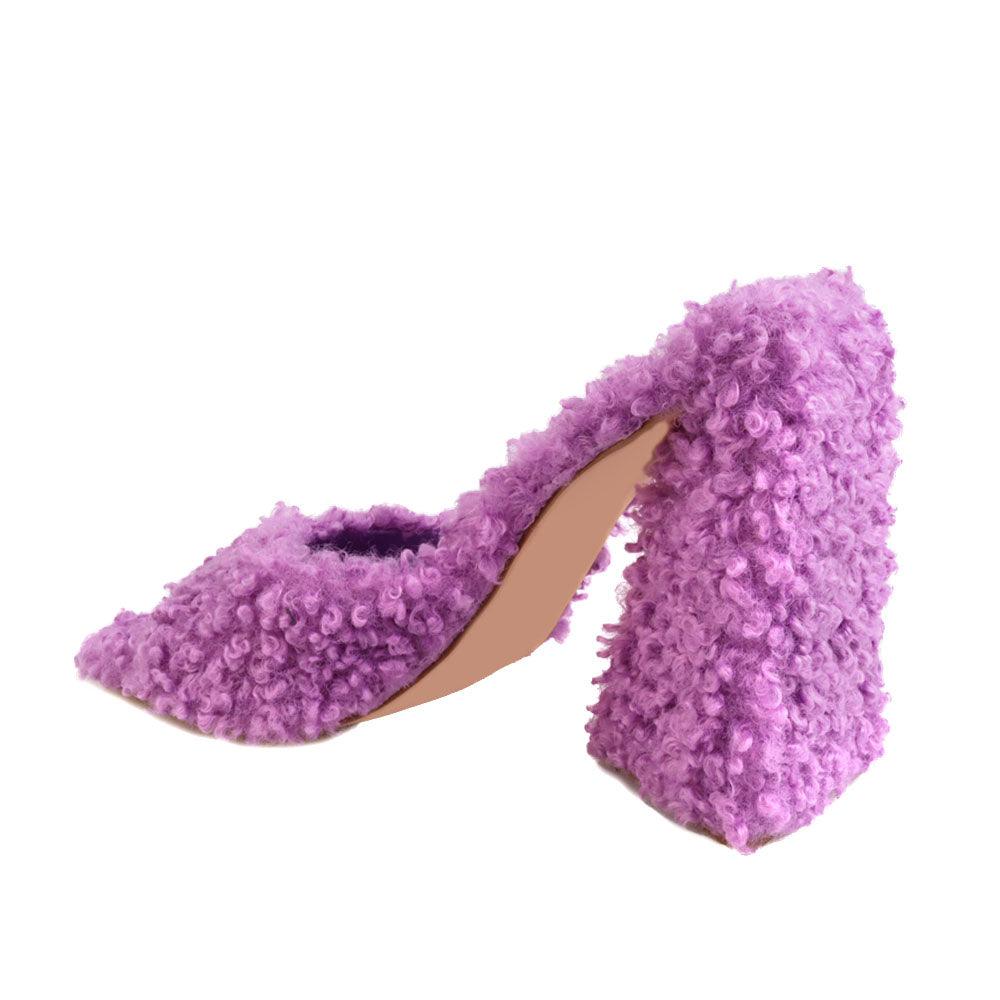 Women's open-toed purple-colored block heels with shearling top and slide-in style-posterior view