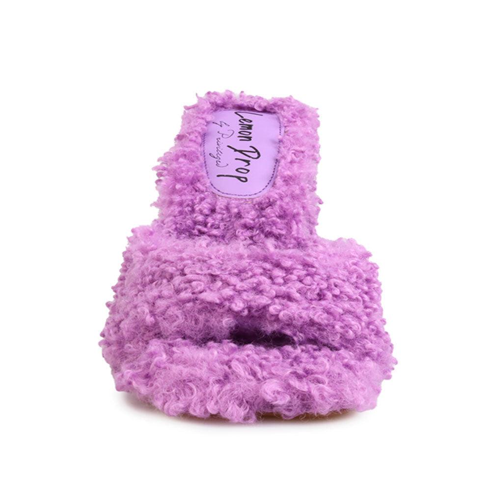 Women's open-toed purple-colored block heels with shearling top and slide-in style-front view