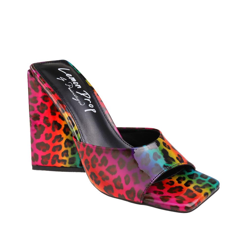 Open-toed multi-leopard pattern block heels for women featuring shearling top and slide-in design-corner view