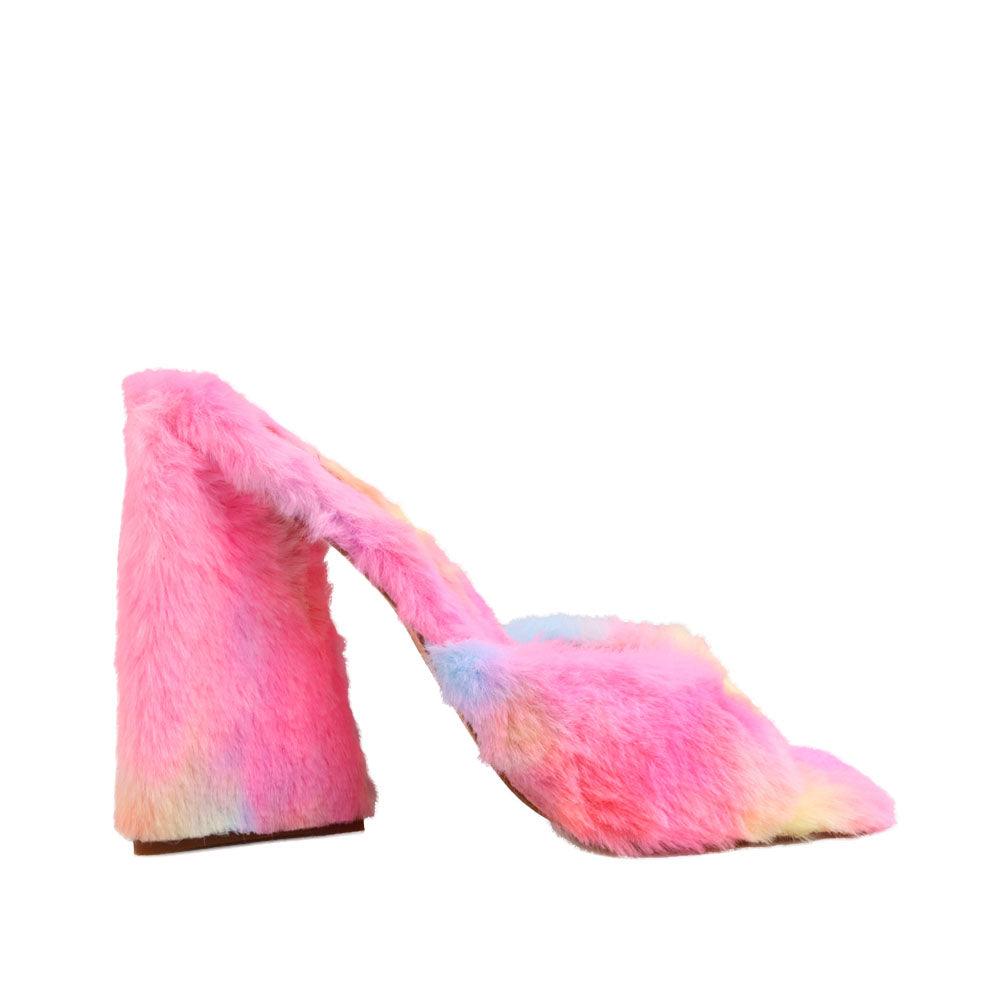 Women's open-toed multi blue-pink block heels with shearling top and slide-in style-side view