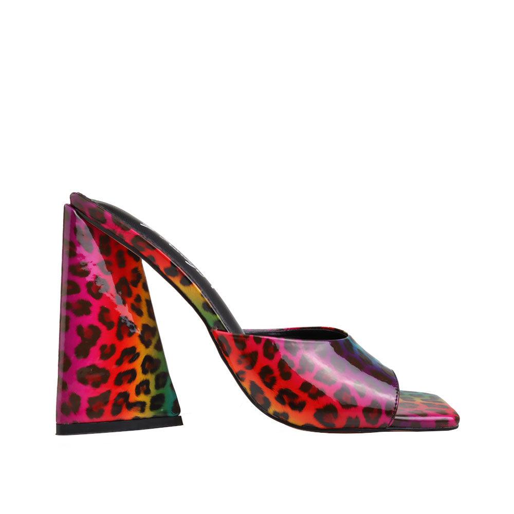 Open-toed multi-leopard pattern block heels for women featuring shearling top and slide-in design-side view