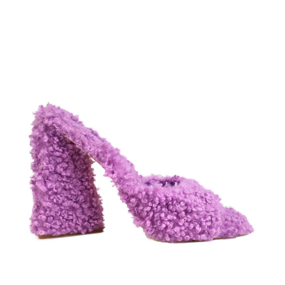 Women's open-toed purple-colored block heels with shearling top and slide-in style-side view