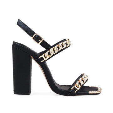 Black-colored block heels women's shoes with rhinestone-encrusted metal chain and buckle closure