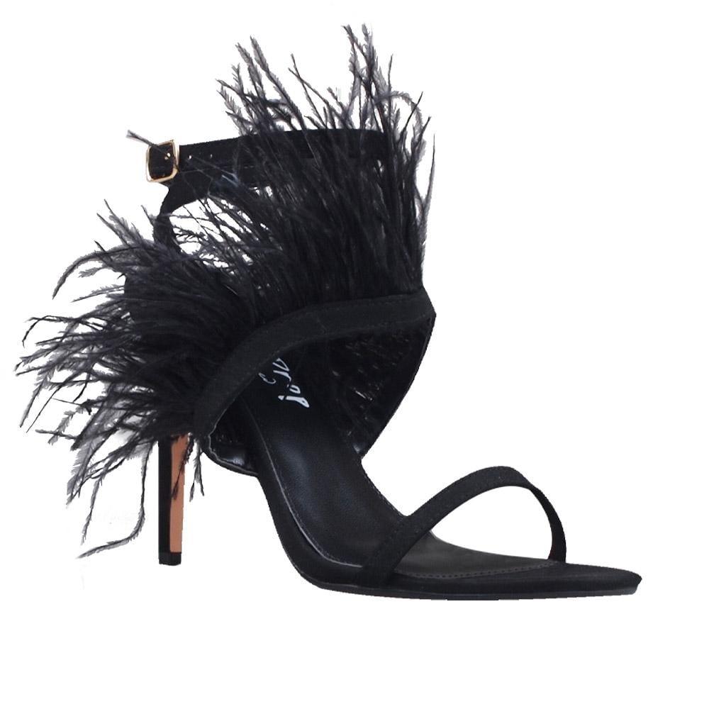 Black colored women heels with fur on top-corner view