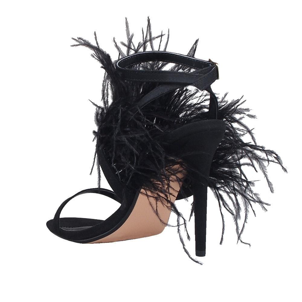 Black colored women heels with fur on top-posterior view