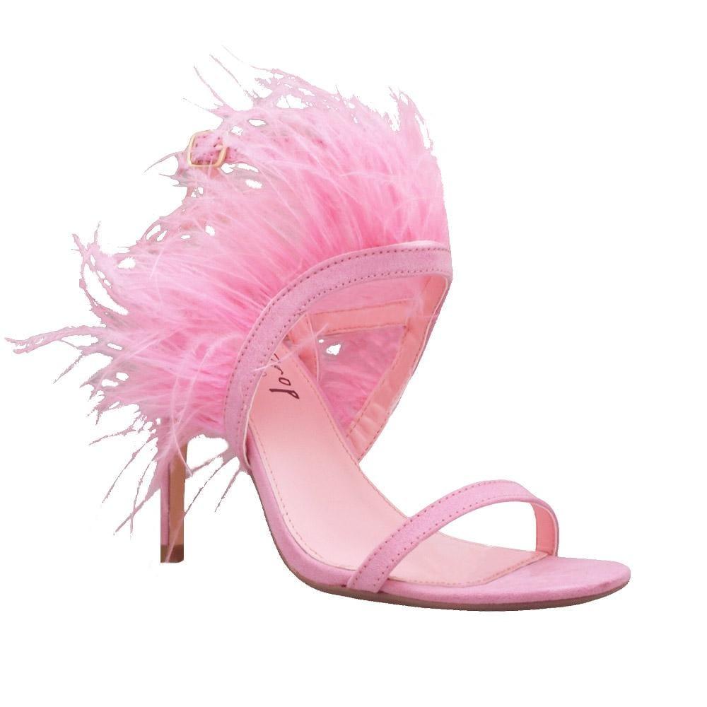 Pink colored women heels with fur on top-corner view