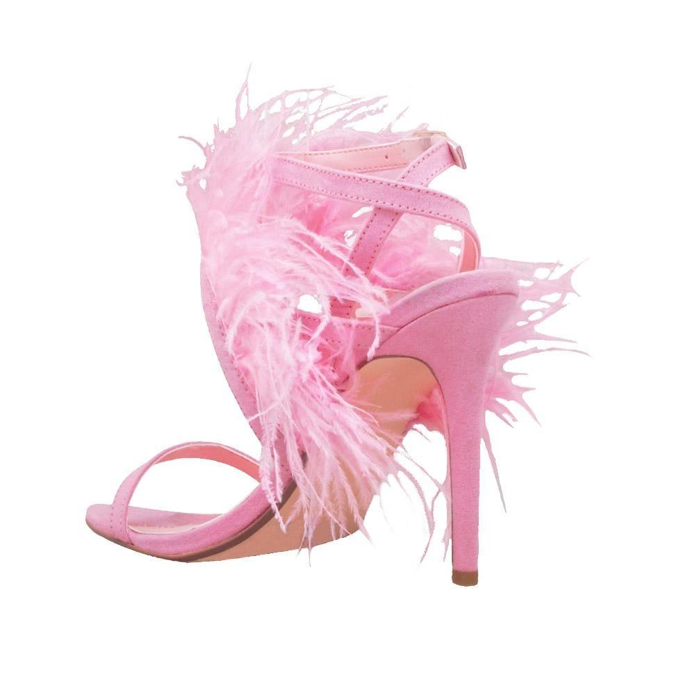 Pink colored women heels with fur on top-posterior view