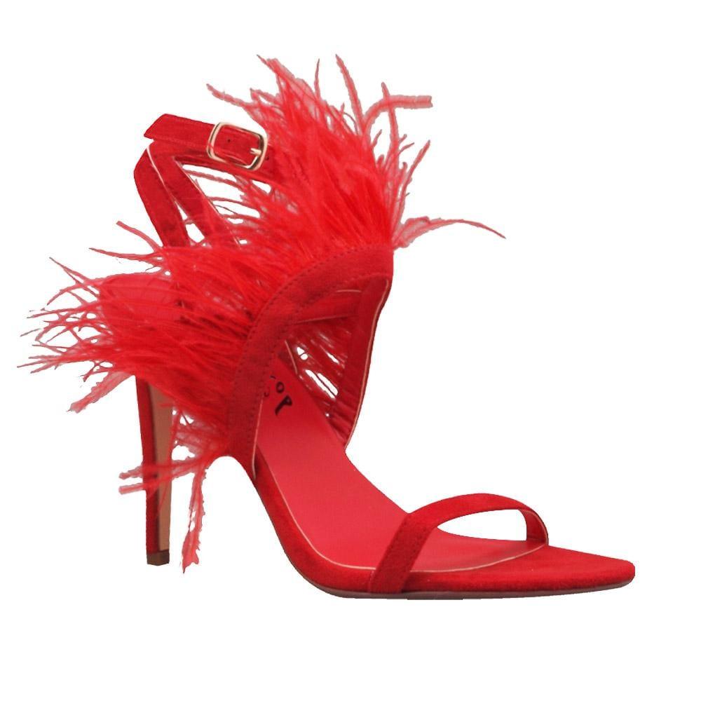 Red colored women heels with fur on top-corner view