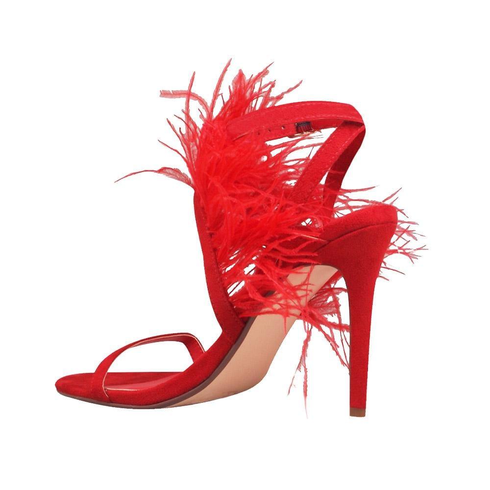 Red colored women heels with fur on top-posterior view