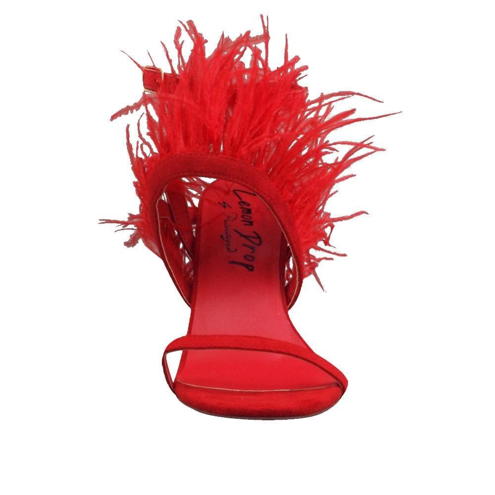 Red colored women heels with fur on top-front view