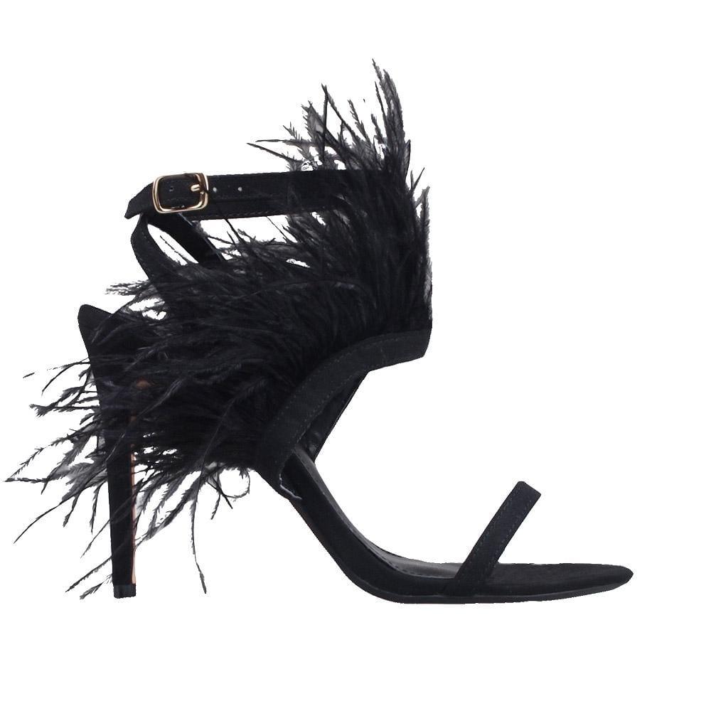 Black colored women heels with fur on top-side view