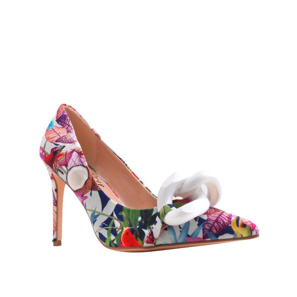 Multi floral coloed women heels with bow on top-corner view