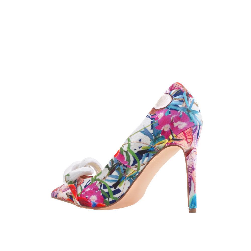 Multi floral coloed women heels with bow on top-posterior view