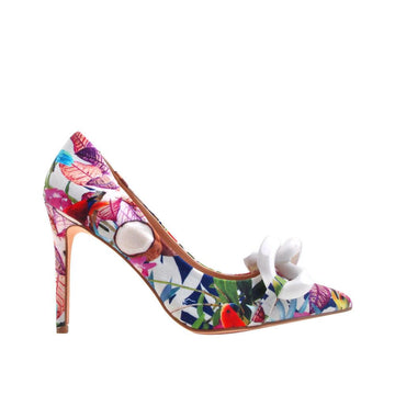 Multi floral coloed women heels with bow on top-side view