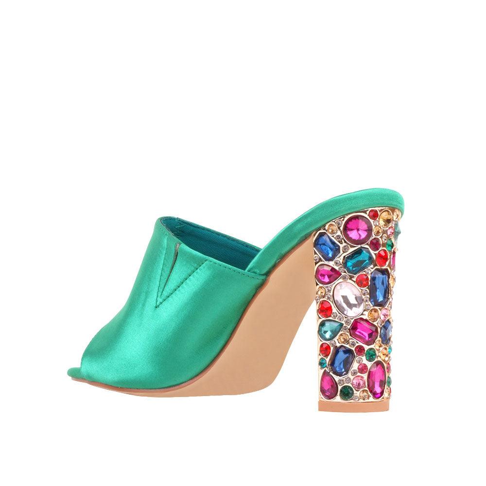 Green women heels with multi-colored crystal embellished heel-posterior view