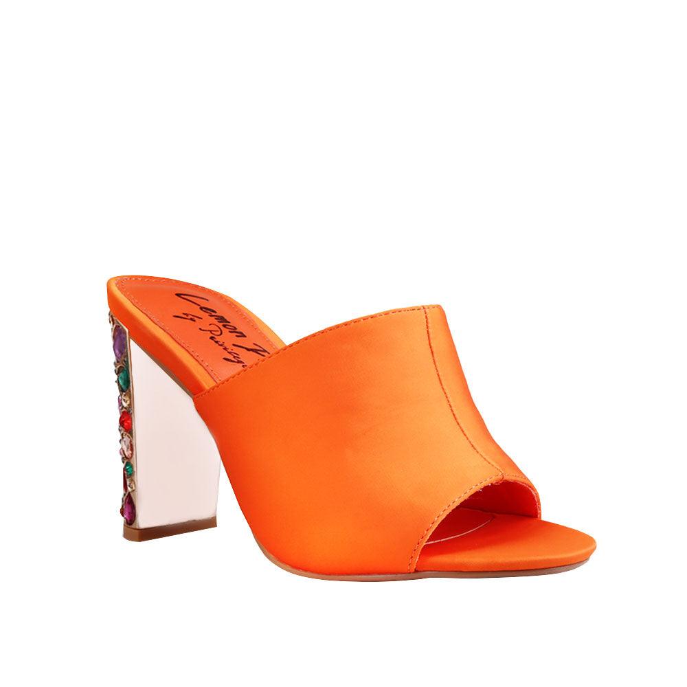 Orange women heels with multi-colored crystal embellished heel-corner view