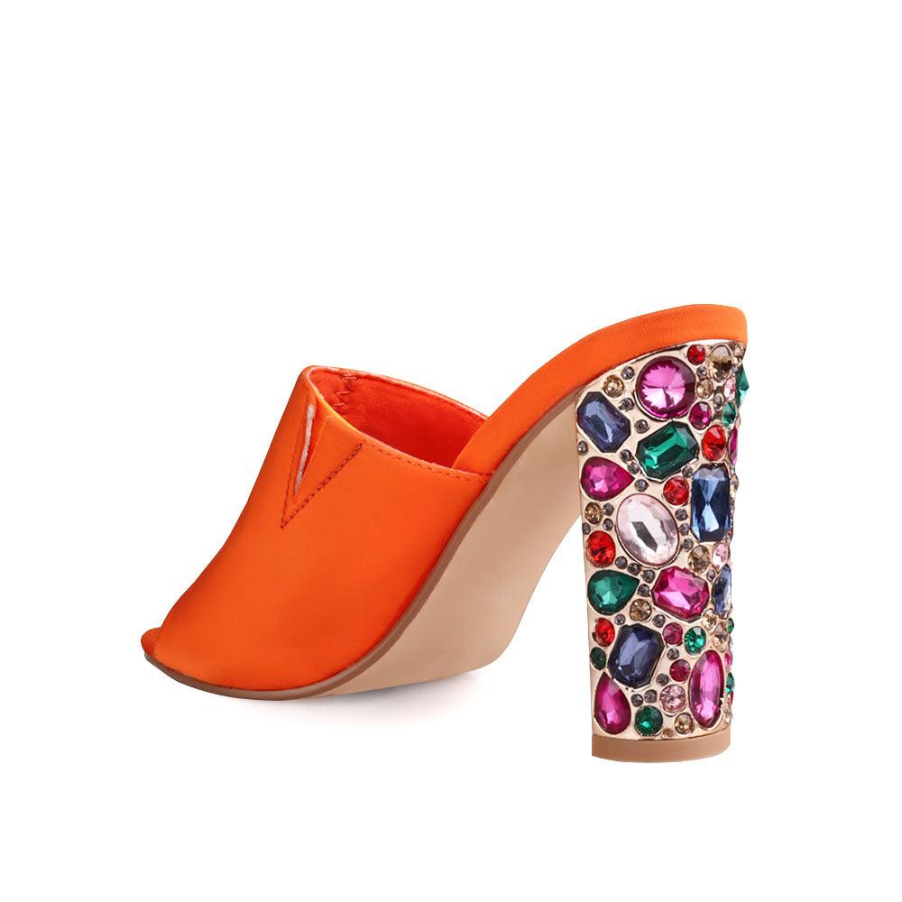 Orange women heels with multi-colored crystal embellished heel-posterior view